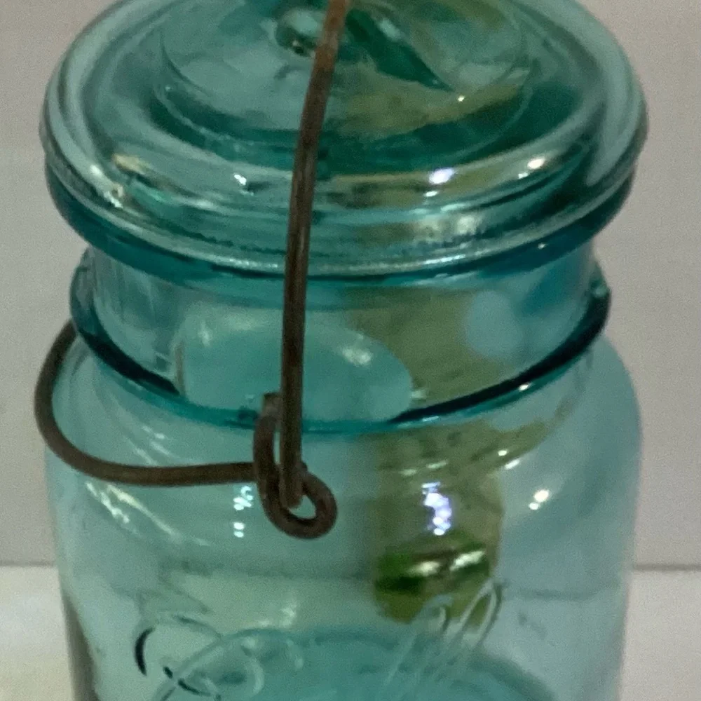 Old One Pint Blue Green Glass Ball Ideal Antique Fruit Canning Jar July 14 1908
